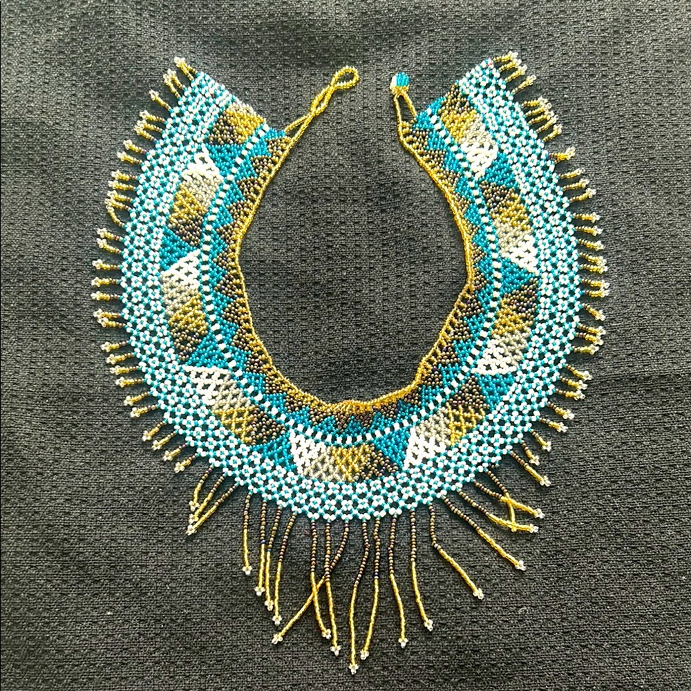 Elegant Blue, White, Gold, Black Beaded Necklace with Intricate Patterns